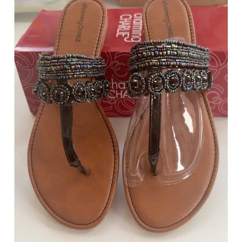 🆕Charming Charlie Beaded T-Strap Slip On Flat Sandals Womens 11 EU 41 Brown NIB